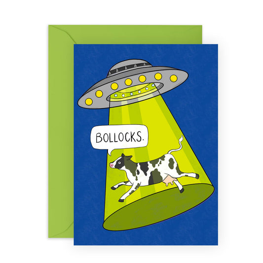 Funny Birthday Cards For Friends - Bullocks UFO Cow - Hilarious Cow Greeting Cards - British Pun Humour Jokes - Gifts For Him Her Men Women Coworker - Comes With Stickers And Envelope - By Central 23