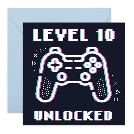 10th Birthday Card For Boys - Level 10 Unlocked Sqaure - Happy Birthday Cards For Son - Gamer Video Games - Ten Year Old - Comes With Fun Stickers - By Central 23