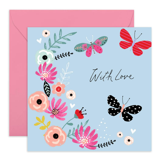 Birthday Card Women - With Love Butterflies And Florals Blue - Mothers Day Card From Son Daughter - Wife Anniversary Card - Valentines Card Girlfriend - Love Cards - Comes With Stickers By Central 23