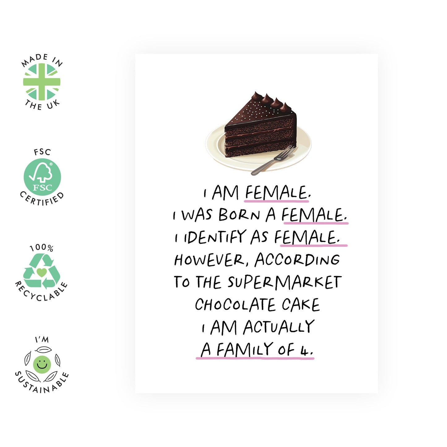 Funny Birthday Cards For Women - Born Female, Actually A Family Of 4 - Birthday Cake Gender Jokes - Hilarious Greeting Cards For Her Teens Gen Z - Comes With Stickers By Central 23