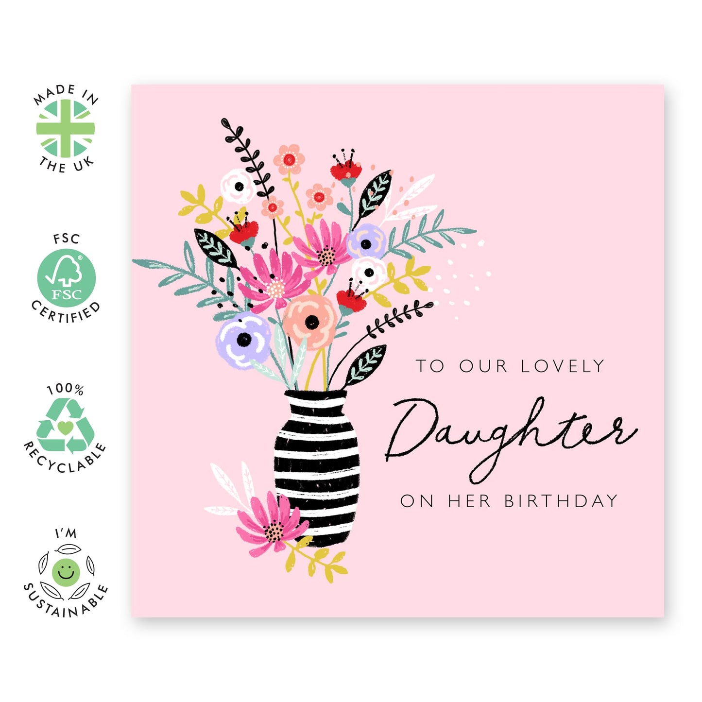 Daughter Birthday Cards From Mum Dad Parents - To Our Lovely Daughter - Flower Vase Greeting Cards For Her Girls Female - Pink Gifts For Women - Comes With Cute Stickers By Central 23
