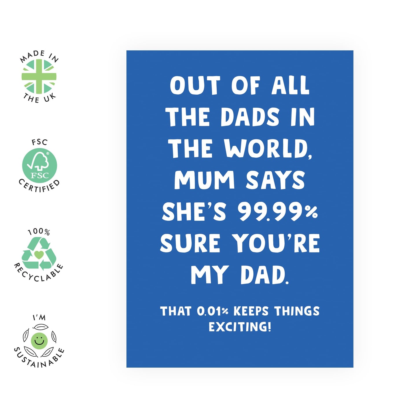 Funny Card - '99.9% YOU'RE MY DAD' - For the Dad Who's Almost Perfect - Perfect for a Laugh and Celebrating Your Special Bond - Ideal for Any Occasion - Comes with Stickers by Central 23