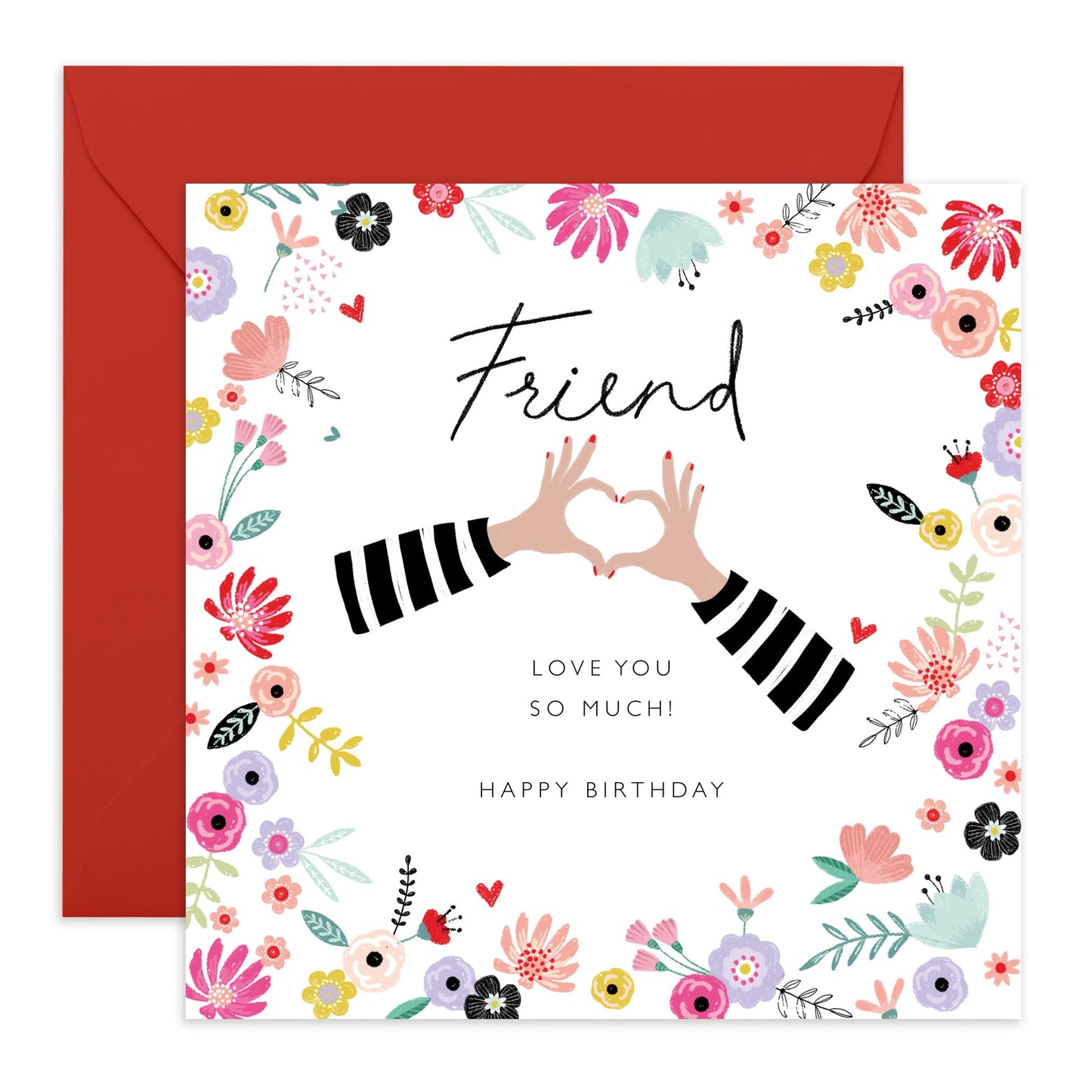 Floral Cards For Friends - Happy Birthday Greeting Cards For Female Friend - Gifts For Women - Flowers Hand Hearts - Friend Birthday Card - Comes With Cute Stickers - By Central 23
