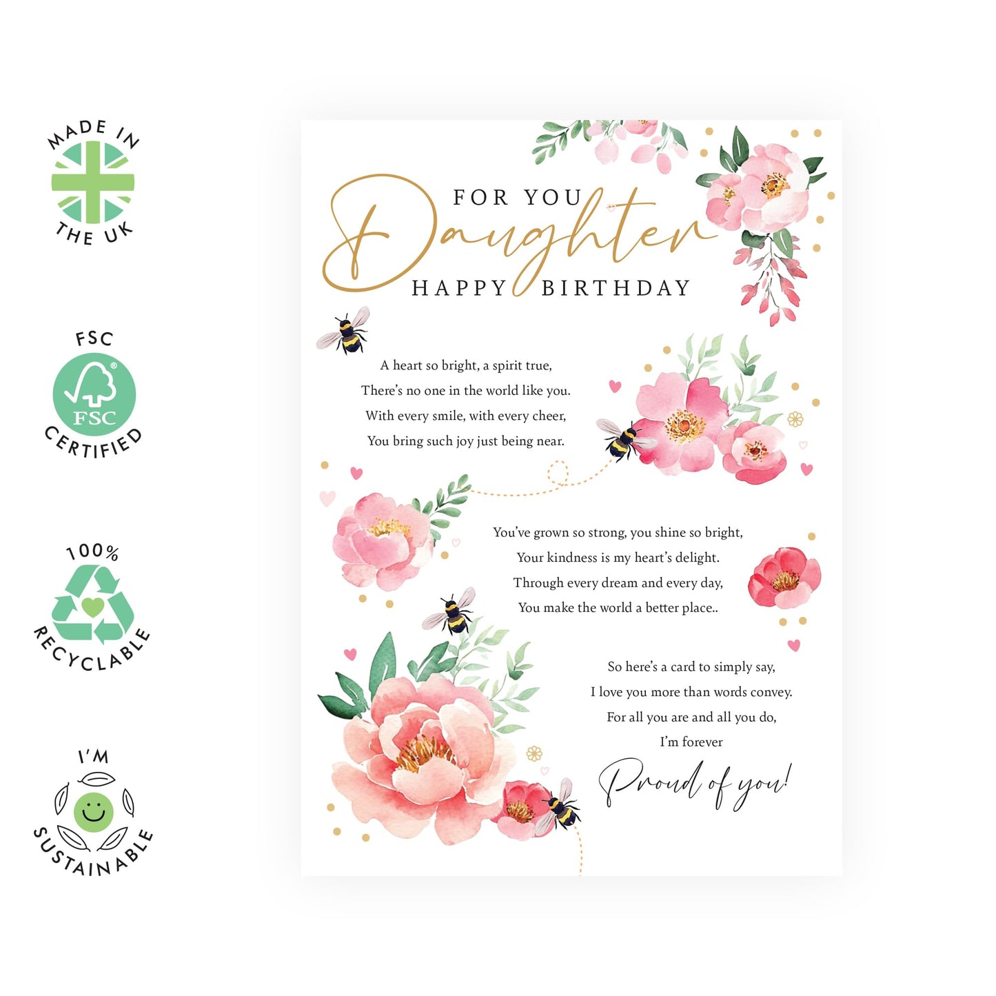 Birthday Greeting Card - 'Peony Poem Daughter' - Gift and Message for Daughters, Ladies, Step Daughter, In-Law, Her, Children, Kids - Flowers For Her - Comes with Fun Stickers