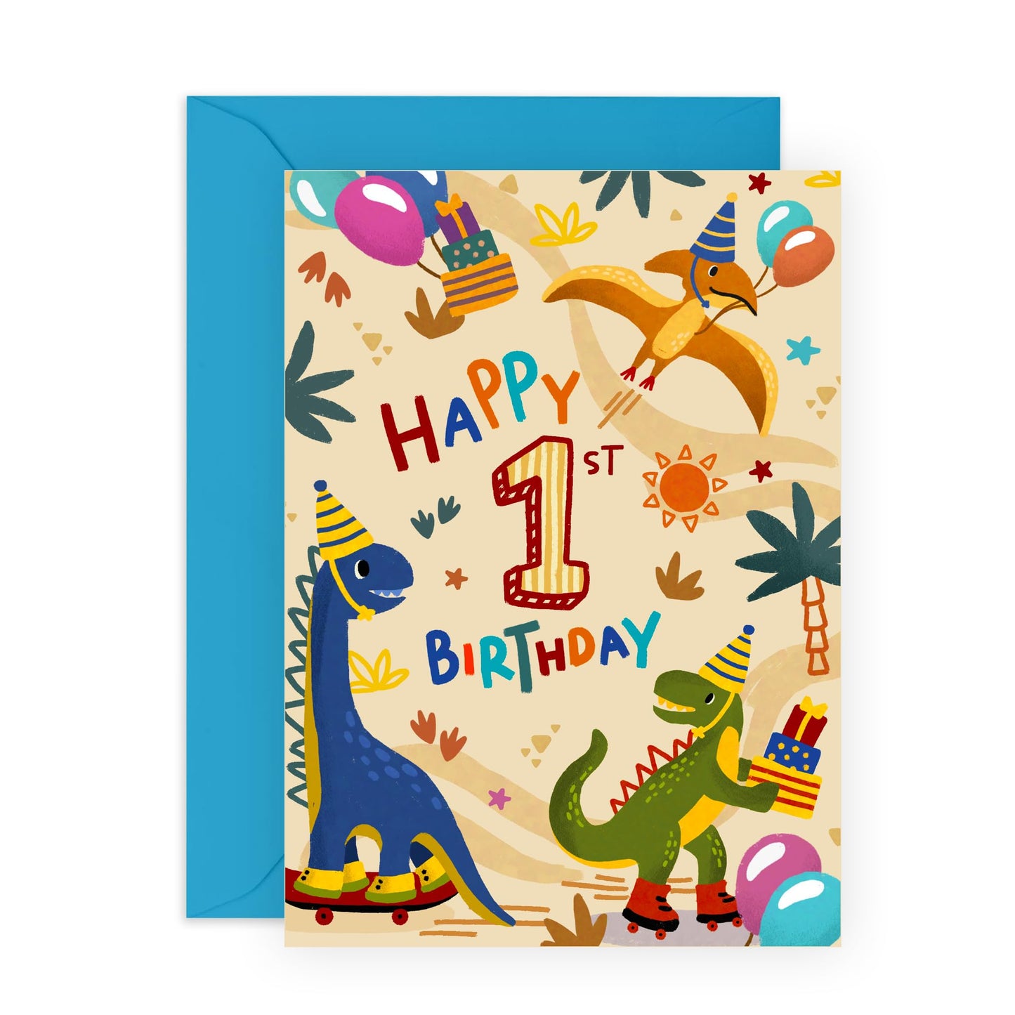 1st Birthday Card For Boy - Dinosaur Birthday Card For Kids 1 Year Old - Dino - Happy First Birthday Gift For Boys - Age One - For Son Grandson Brother - Comes With Stickers - By Central 23