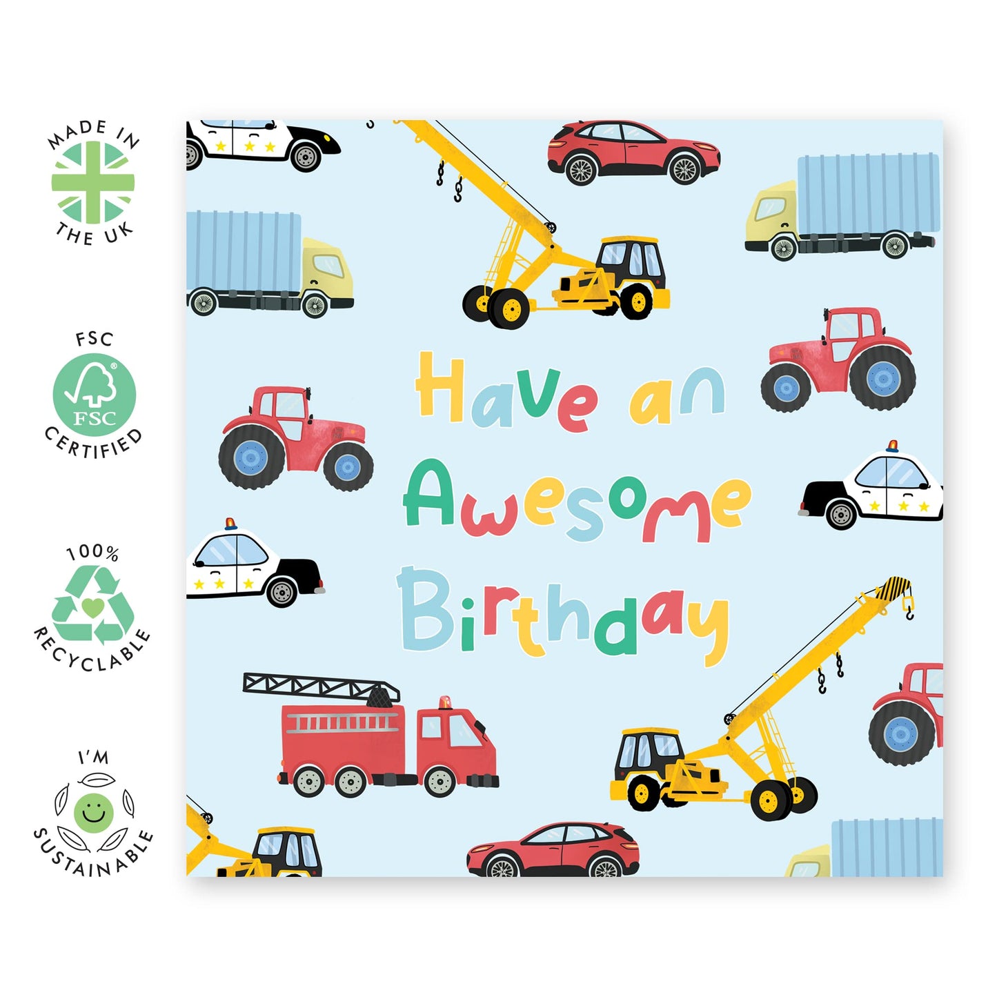 Cars Birthday Cards For Boy - 'Vehicle Awesome Birthday' - Birthdate Greeting Cards For Him - Happy Birthday Brother - Nephew - Comes With Stickers - By Central 23