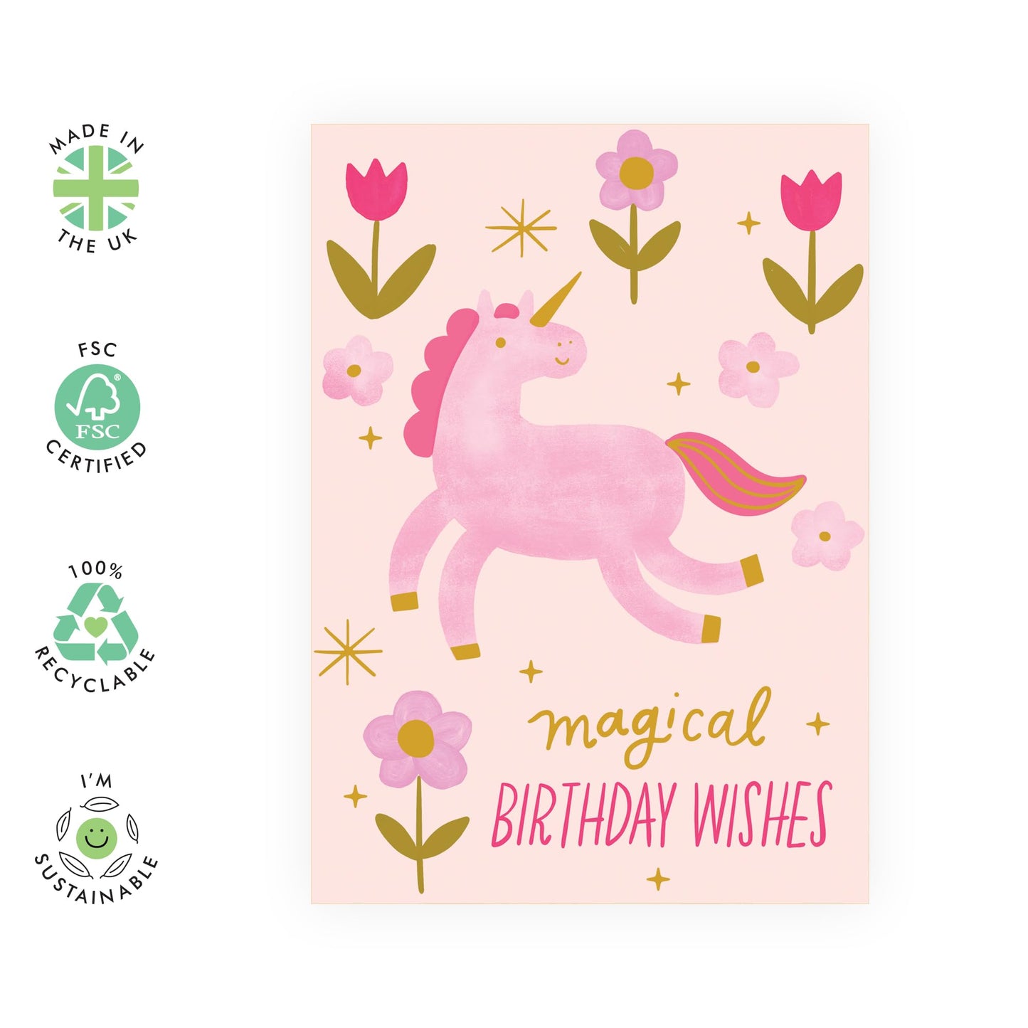 Magical Birthday Wishes Card – Cute Pink Unicorn & Flowers – Fantasy Greeting Card for Girls, Kids, Daughter, Her, Toddler, Baby, Goddaughter, Niece, Cousin & Unicorn Lovers –Comes with Fun Stickers