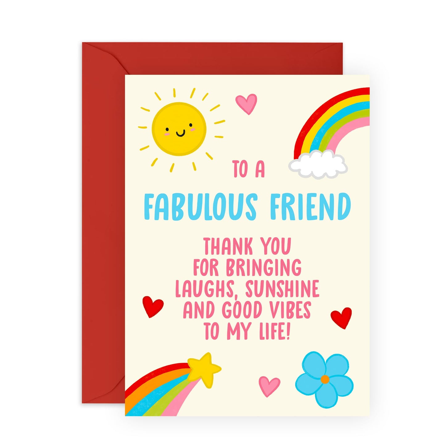 Apprecition and Thank You Card – 'Fab Friend' - Presents for BFF, Besties, Girlfriend, Him, Her, Women, Men - Bright and Cheerful Design with Rainbows and Sunshine – Comes with Fun Stickers