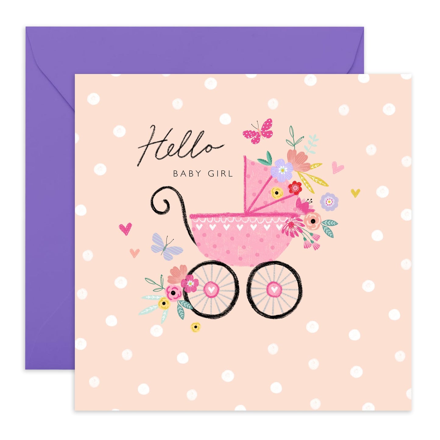 Newborn Baby Girl Card - Congratulations Card For New Mum And Dad - Hello Baby Girl - Pram - New Baby Card Gifts - Well Done Congrats - Comes With Stickers - By Central 23