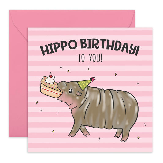Party Ready Hippo Birthday Card - 'Hippo Birthday Baby Hippo' - Gifts for Girlfriend, Bestie, Girls, Co-worker, Colleague, Sister, Sis, Auntie - Devouring Your Cake - Comes with Fun Stickers