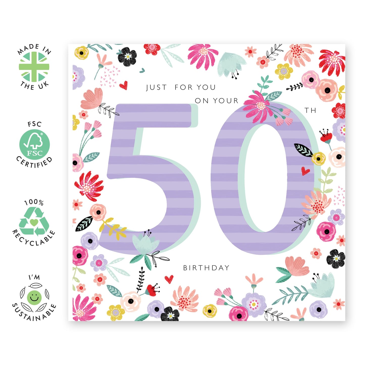 50th Birthday Card For Women - 50th Birthday Florals - Mummy Floral Birthday Card - Wife Mum Aunt - Happy Fiftieth Birthday Greeting Card Sister Female Friends - Comes With Fun Stickers By Central 23