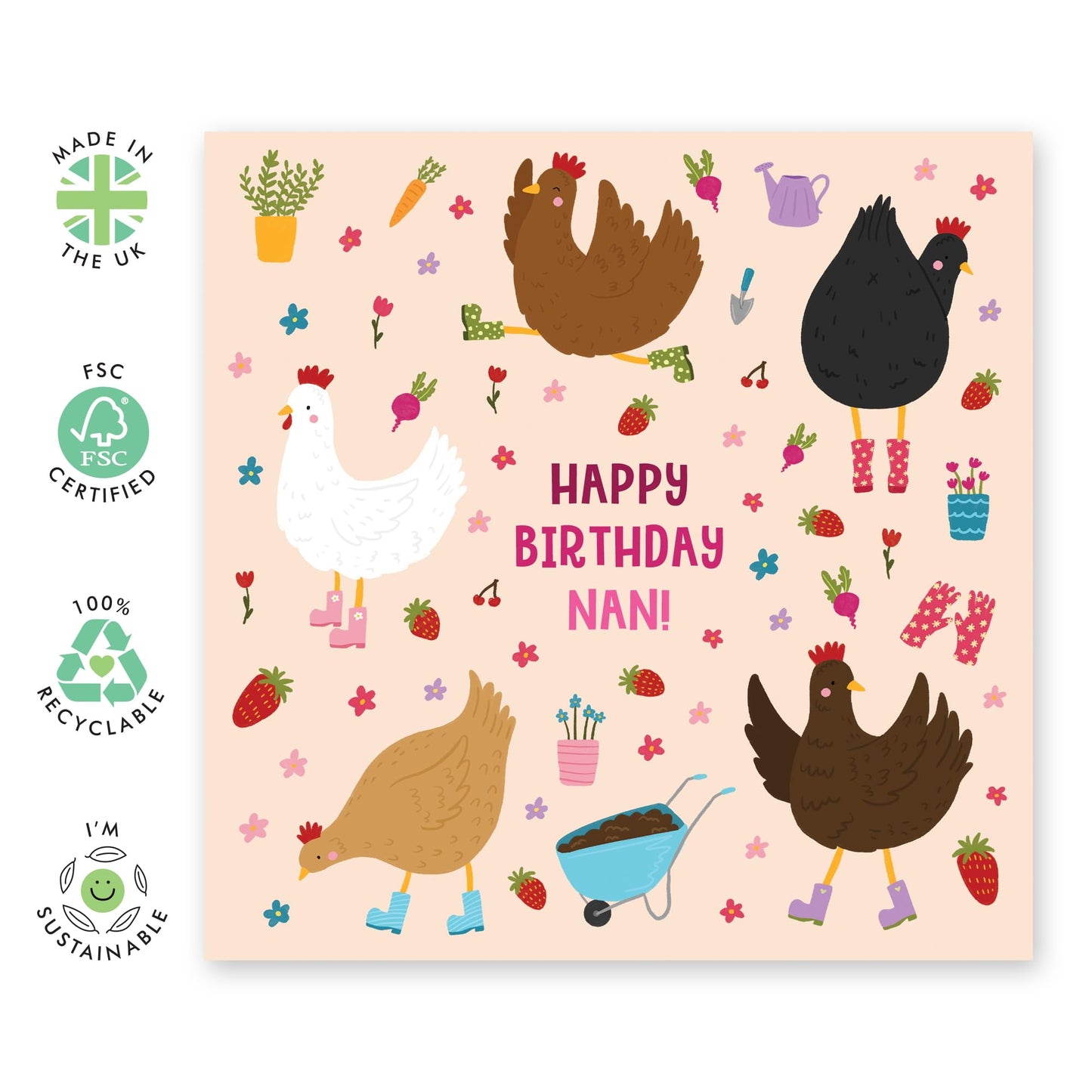 Birthday Greeting Card - 'CHICKEN BIRTHDAY NAN GARDENING' - Perfect for Celebrating with Whimsy and Love for the Garden - Ideal for Grandmothers and Chicken Lovers - Comes With Stickers By Central 23