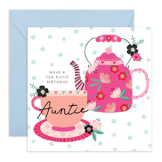 Aunt Birthday Card - Sweet Greeting Cards For Her - Have A Tea-rific Birthday Auntie - Heartfelt Gifts For Women Aunty Tía- Elegant Tea Party Floral Design - Comes With Stickers By Central 23