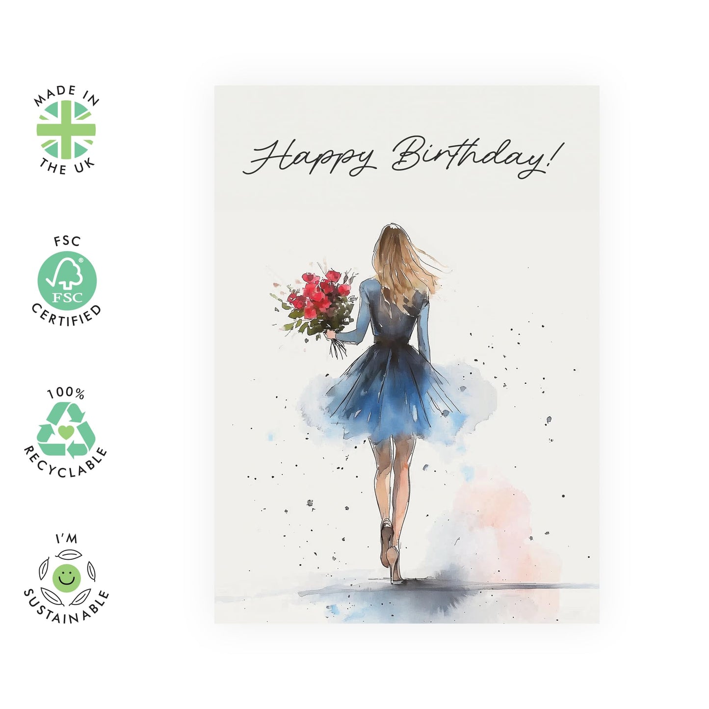 Artistic Painting Birthday Card - 'Birthday Colour Woman' - Gifts for Friends, Colleagues, Coworkers, Bestie, BFF, Cousin, Girls, Ladies, Relatives - Dress & Flower - Comes with Fun Stickers