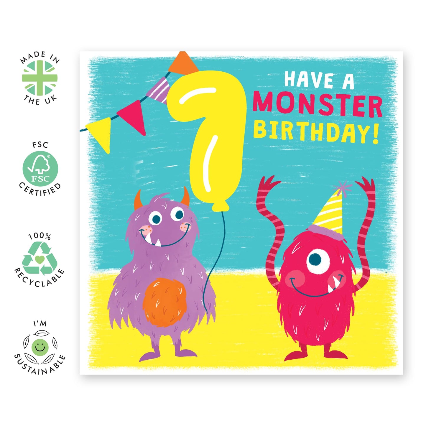 Birthday Card 7 Year Old Girl Boy - Party Monsters - Happy Birthday Card For Kids - Seventh Bday Milestone Gifts For Son Daughter Nephew Niece Grandson - Age Seven - Comes With Stickers By Central 23