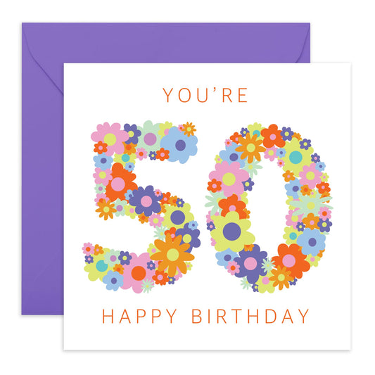50th Birthday Card For Women - Floral Rainbow Age 50 - Sweet Birthday Card - Wife Mum - Sister - Floral - Happy Fiftieth Birthday Greeting Card Female Friend - Comes With Fun Stickers - By Central 23