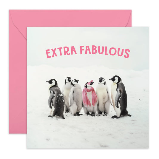 Birthday Greeting Card - 'EXTRA FABULOUS PINK PENGUIN' - Perfect for Celebrating with a Chic & Playful Twist -Ideal for Adding Glamour & Fun to Any Special Occasion - Comes With Stickers By Central 23