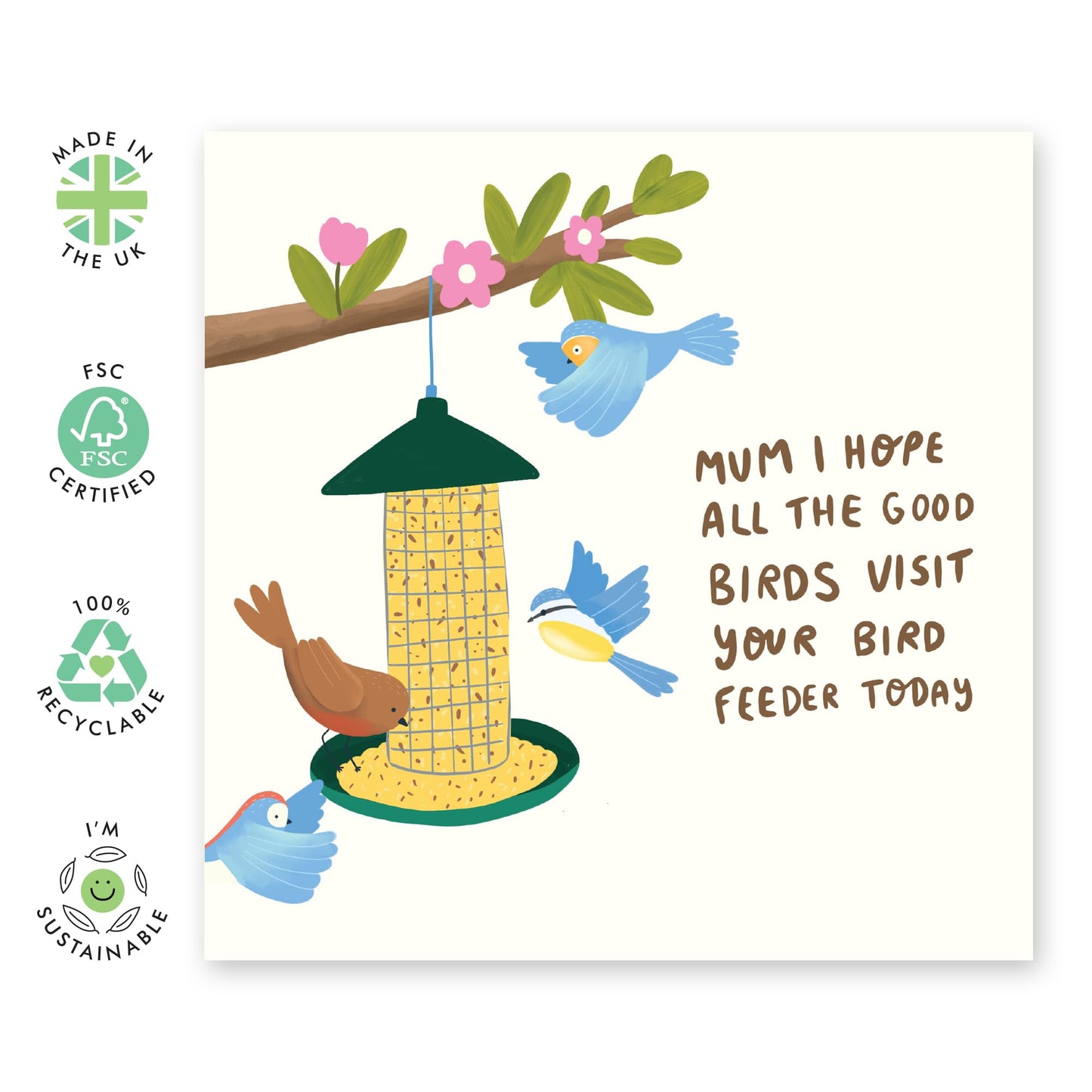 Mum Birthday Cards - Bird Feeder, Bird Lover, Birdwatcher- Sweet Greeting Card For Mam, Mama, Mummy, Her, Women from Son Daughter- Heartfelt Thinking of You, Mothers Day Card -Comes With Fun Stickers