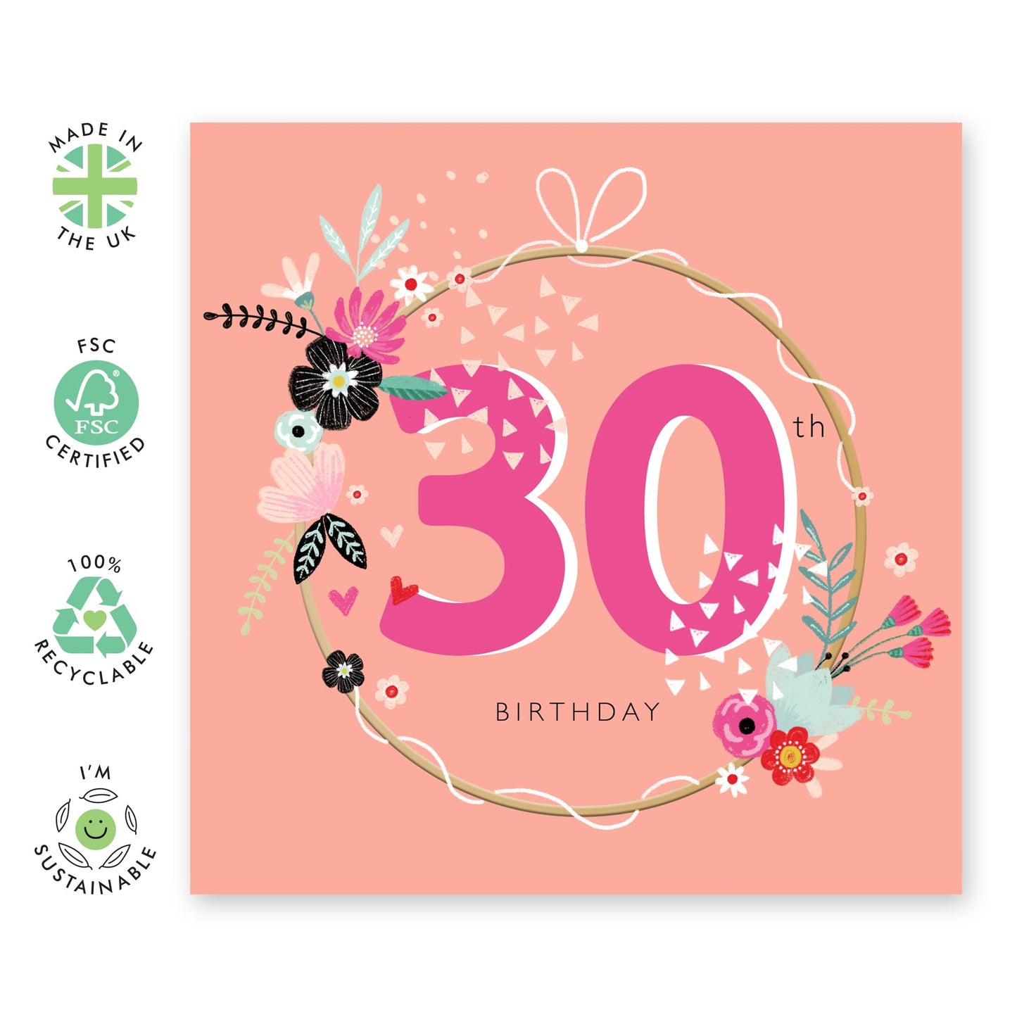 30th Birthday Card For Women - 30th Birthday Wreath - Wife Mum Mummy - Sister - Floral Bday Card - Happy Thirtieth Birthday Greeting Card Female Friend - Comes With Stickers By Central 23