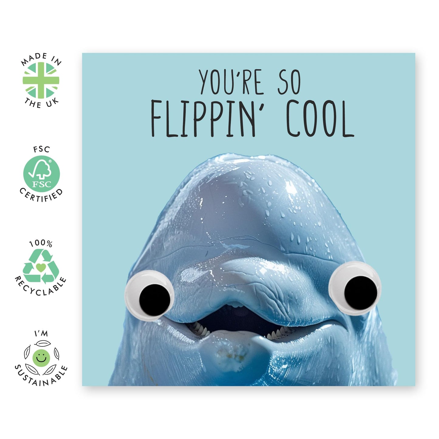 Adorable Greeting Card - 'You're so Flippin Cool' - Personalised Gifts for Best Friend, Mate, Classmate, Coworker, Neighbour, Buddy, Bruv - Dolphin Smiles - Comes with Fun Stickers