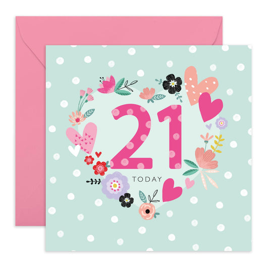 Floral Birthday Card For Her - 21st Floral Heart - Happy Twenty-first Birthday Card - Gifts For Daughter Niece - From Mum Dad - Comes With Fun Stickers By Central
