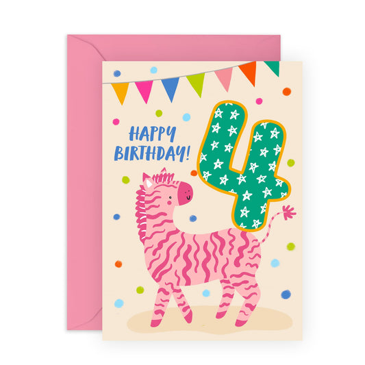 4th Birthday Card Boy Girl - Party Zebra Four Year Old - Happy Fourth Birthday Cards For Kids Baby Toddlers - Gifts For Godson Granddaughter Niece Nephew - Comes With Cute Stickers By Central 23
