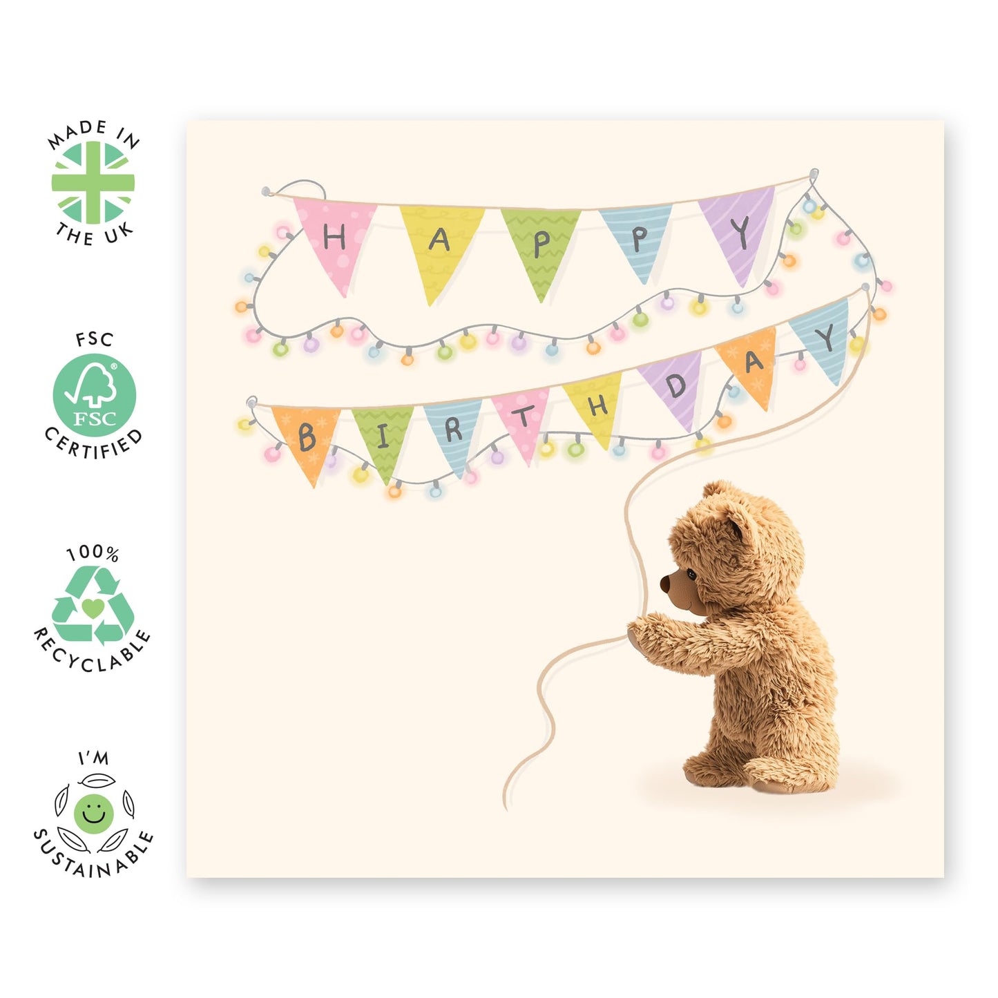 Adorable Birthday Card for Him or Her - 'Birthday Bear Banner' - Gifts for Men, Women, Family, Friends, Children - Colourful - Comes with Fun Stickers