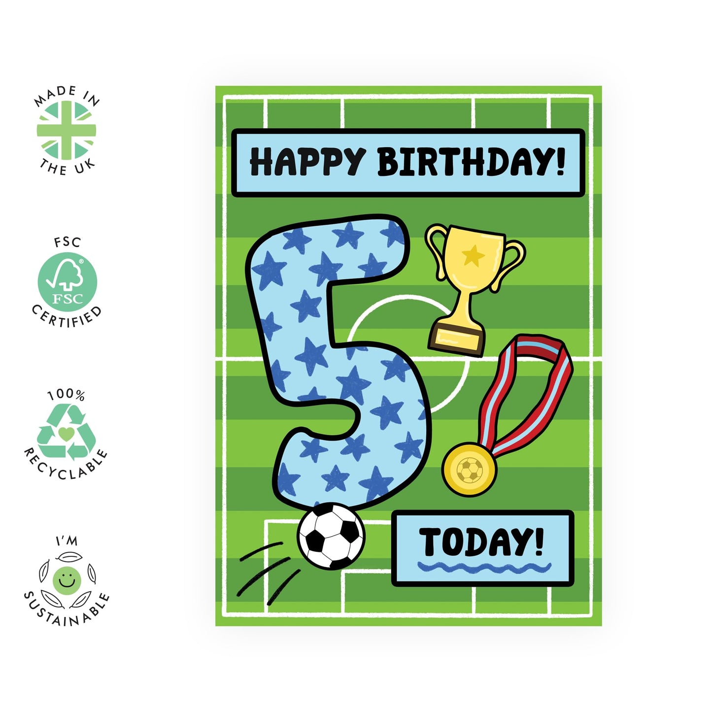5th Birthday Card for Boys – Football Themed – Fun Gifts for Son, Nephew, Grandson, Him, Children, Cousin, Football Fan Boys - Fifth Bday Party - Trophy and Medal - Comes with Stickers