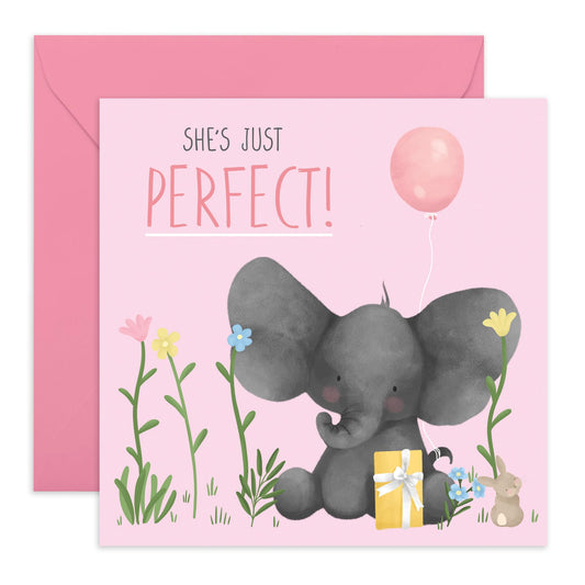 Cute Congratulations Card - 'She's Perfect New Baby' - Gift for Babies, Girls, Daughter, New Born, Family, Birth - Elephant and Balloon- Comes with Fun Stickers