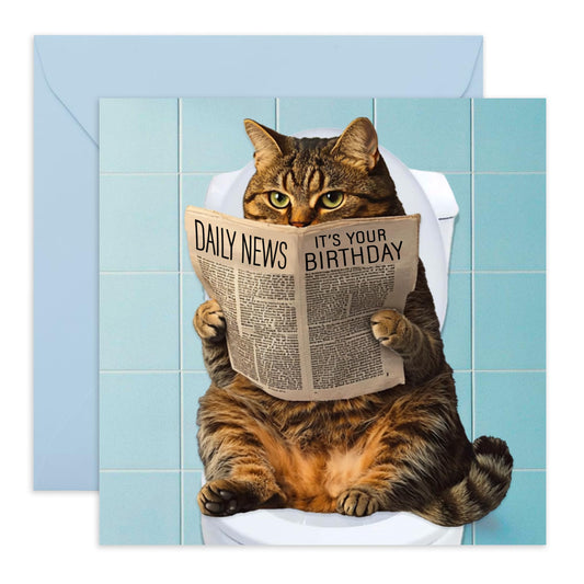 Reading Cat Birthday Card - 'Daily News Birthday Cat' - Gifts for Bruv, Mates, Best Friends, Besties, BFF, Co-workers, Colleagues, Bro, Uncle, Dad - Newspaper- Comes with Fun Stickers
