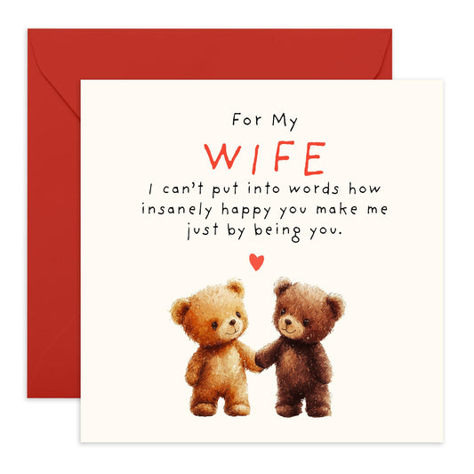 Love & Anniversary Card For Wife - 'Wife Teddy Bear' - Romantic Gifts for Her, Other Half, Partners, Married Couples, Babe -Holding Hands - Comes with Fun Stickers