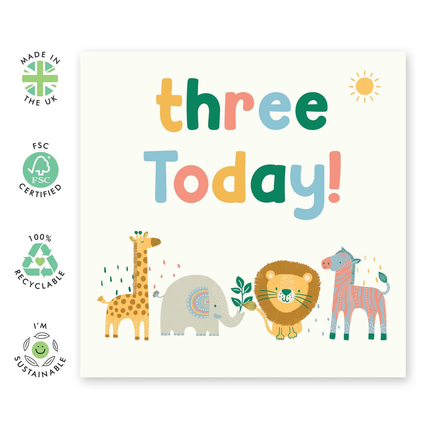 3rd Birthday Greeting Card - 'Three Today Safari Animals' - Gifts for 3 Year Olds, Boys, Girls, Toddlers, Niece, Nephew, Son, Daughter - Lion Zebra Elephant Giraffe - Comes with Fun Stickers