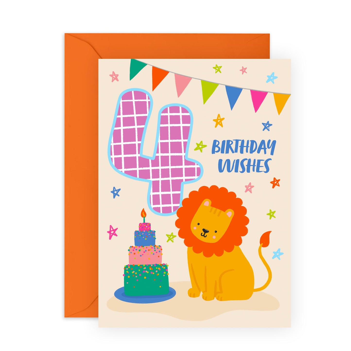 Kids Birthday Cards Age Four - Bday Cake Lion - 4th Birthday Card Boy Girl Toddlers - Gifts For Son Daughter Niece Nephew Godson - Happy Fourth Bday Card - Comes With Stickers By Central 23