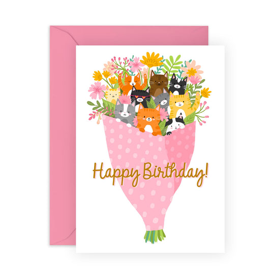 Cat Birthday Card - Cat Bday Bouquet Flowers - Happy Birthday Day Card For Cat Mum Dad Fur Parents - Quirky Gifts For Friends - Comes With Stickers By Central 23