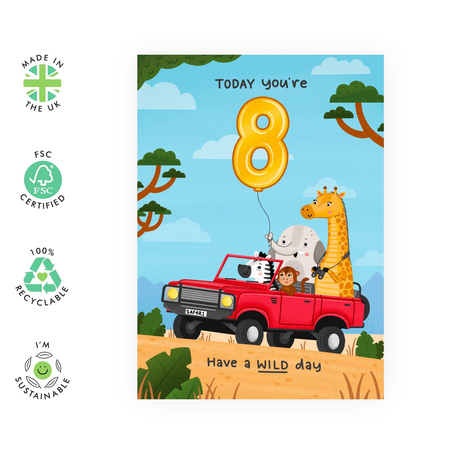 Eighth Birthday Card For Boys - 'Today You're 8 Car' - Happy 8th Birthday Greeting Card For Kids - Eight Years Old Car - Milestone Baby Cards Age Eight - Child - Comes With Stickers - By Central 23