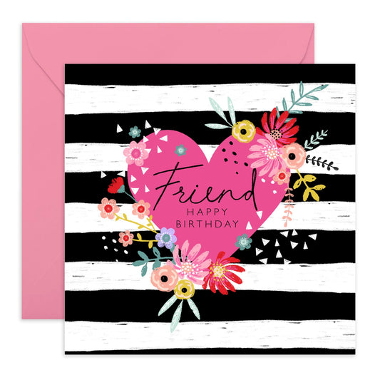 Birthday Card For Friend Woman Her- Floral Heart Friend Card - Happy Birthday Card For Her Female - Friend Birthday Card - Gifts For Friends Women - Comes With Cute Stickers - By Central 23