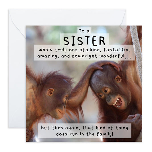 Chimpanzee Sis Birthday Card - 'One Of A Kind Sister - Gifts for Sis, Sibling, Bestie, Family, Him, In-law, Step Sis - Wonderful Amazing Fantastic - Comes with Fun Stickers