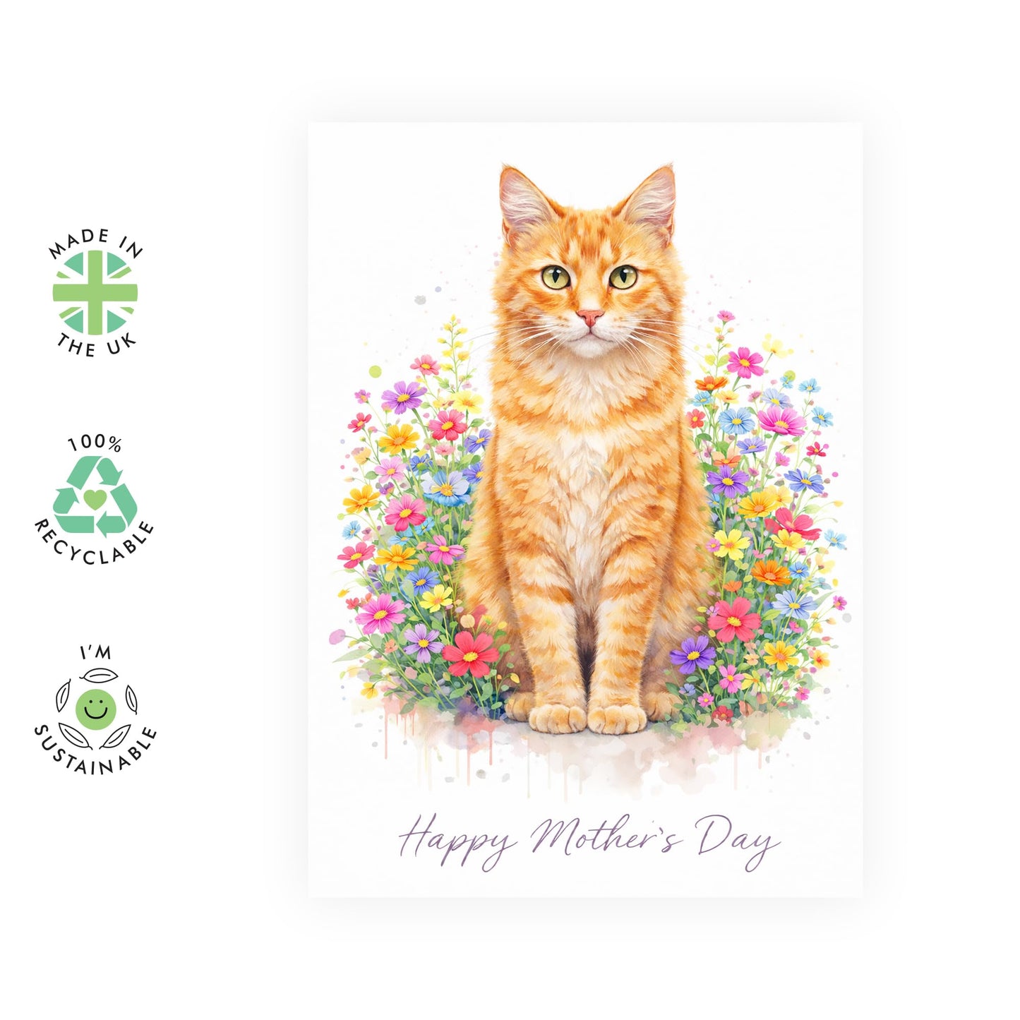 Mother’s Day Card from the Cat - Cute Watercolour Grey Cat Floral Greeting Card for Cat Mum or Cat Lady - Whimsical Fur Parent Birthday Card for Her - Made in UK - Includes Premium White Envelope