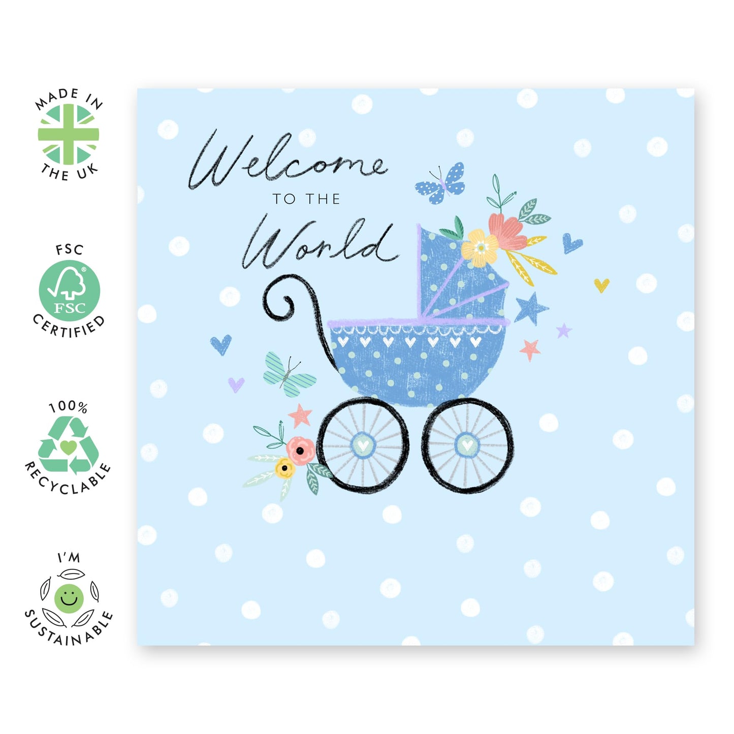 New Baby Boy Card - Blue Pram - Baby Shower Congratulations Card For New Parents - Welcome Home Card For Newborn Baby Son Grandson Nephew Brother - Comes With Stickers - By Central 23