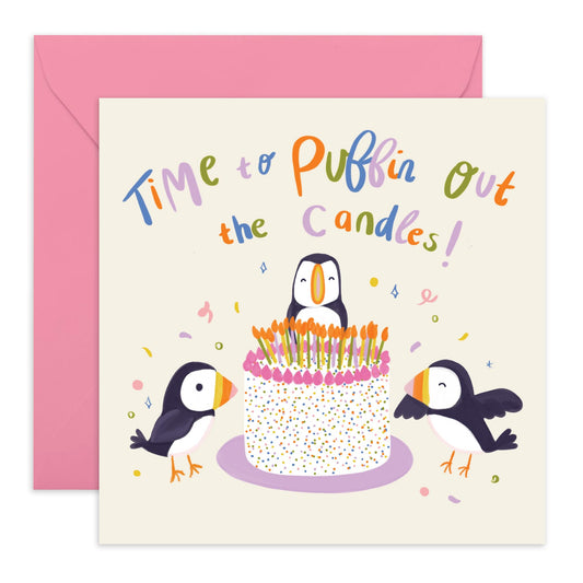 Birthday Cards For Men Women Funny - Time To 'PUFFIN' Out The Candles And Make A Wish! - Witty Puns - Bird Birthday Card For Him Her - Comes With Fun Stickers By Central 23