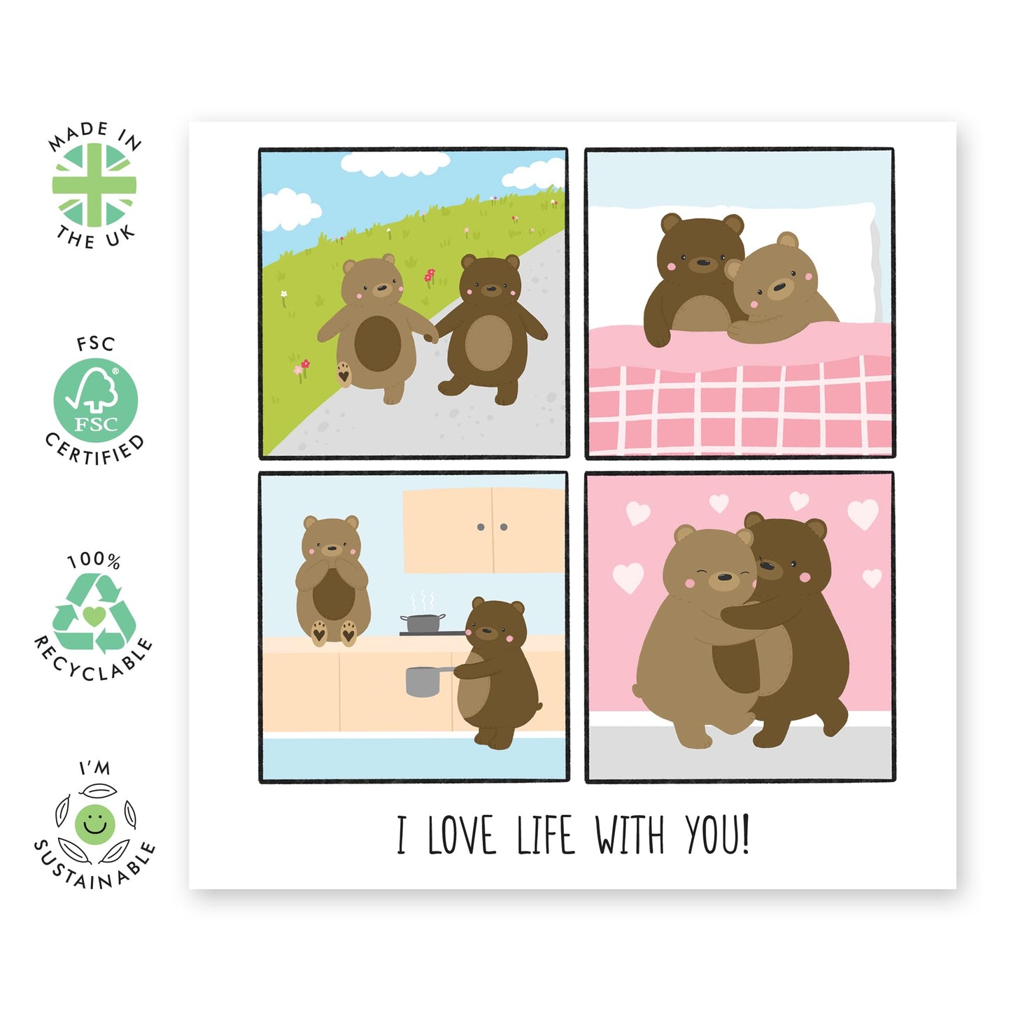 Living Together Anniversary Card - 'Love Life With You Bears' - Gifts for Beautiful Spouse, Married Couples, Other Half, Darling, Her, Mothers - Sweet Brown Bears - Comes with Fun Stickers