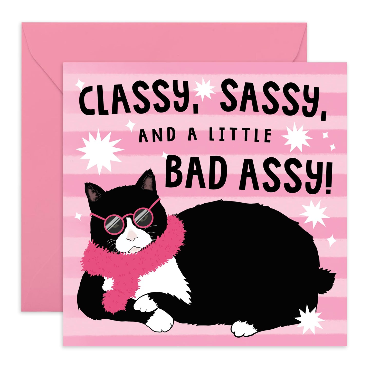 Greeting Card - 'CLASSY, SASSY, BAD ASSY CAT' - Perfect for Celebrating with a Touch of Feline Attitude - Ideal for Adding Humor to Any Occasion or Special Mument - Comes With Stickers By Central 23