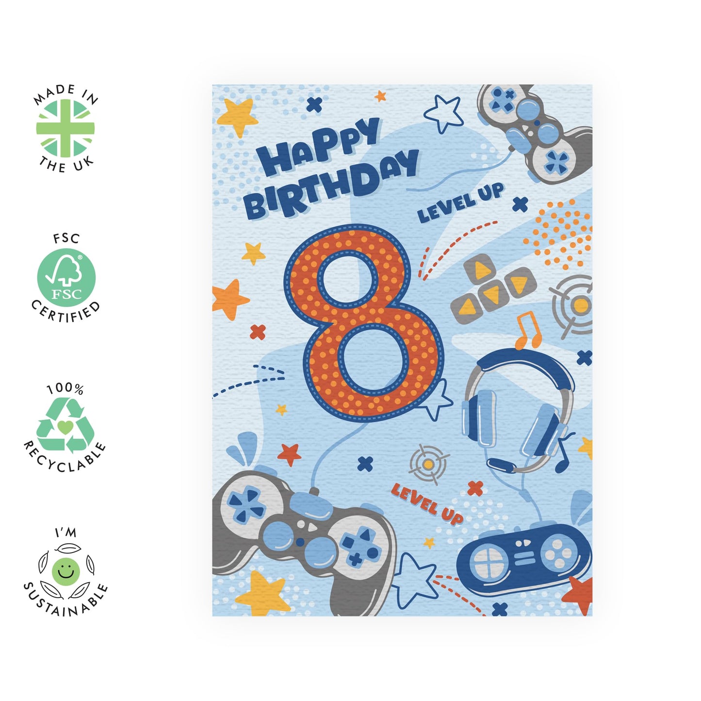Gamer Birthday Card For 8th Birthday - Boys Birthday Card Age 8 - Video Game - Gaming Birthday Cards For Kids 8 Year Old - Greeting Cards For Son Grandson Brother - Comes With Stickers - By Central 23