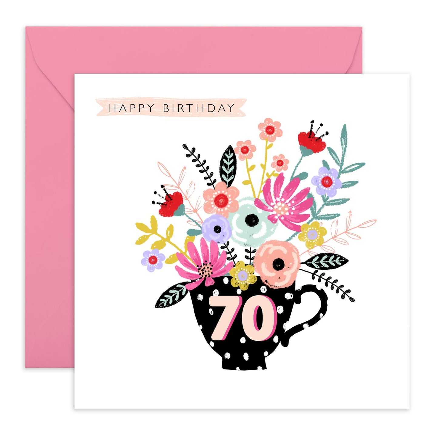 Womens Birthday Card - Floral Teacup - Cute 70th Birthday Card For Her - Age 70 - Birthday Gifts For Mum Grandma Aunt - Comes With Stickers - By Central 23