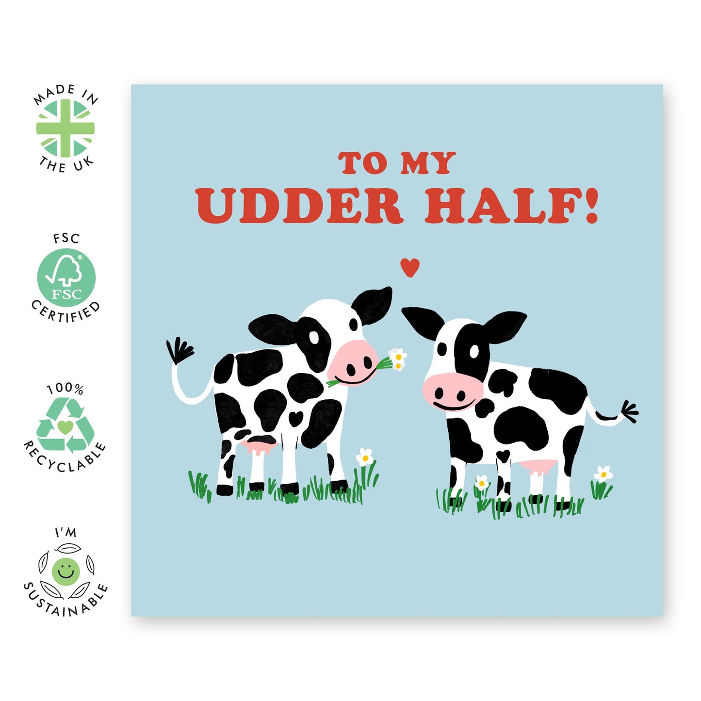 Cute & Funny Cow Love Card – "Udder Half" Presents for Husband, Wife, Spouse, Boyfriend, Girlfriend, Partner, Him, Her, Babe - Heartfelt Valentines Day Gift Ideas - Comes with Fun Stickers