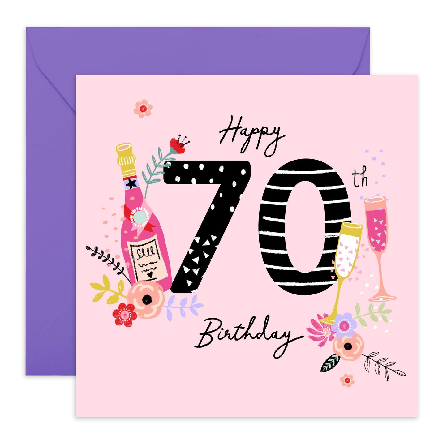 70th Birthday Card - Champagne - Pink Greeting Cards For Birthday Girl 70 Year Old - Birthday Gifts For Her - Age Seventy - Comes With Stickers - By Central 23