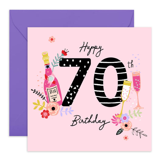 70th Birthday Card - Champagne - Pink Greeting Cards For Birthday Girl 70 Year Old - Birthday Gifts For Her - Age Seventy - Comes With Stickers - By Central 23