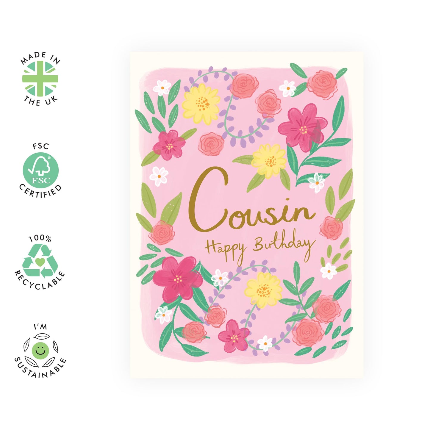 Cousin Birthday Card For Women - Floral Birthday Cards For Her - Pretty Flowers Birthday Card And Envelope - Happy Birthday Cousin Card - Comes With Stickers By Central 23