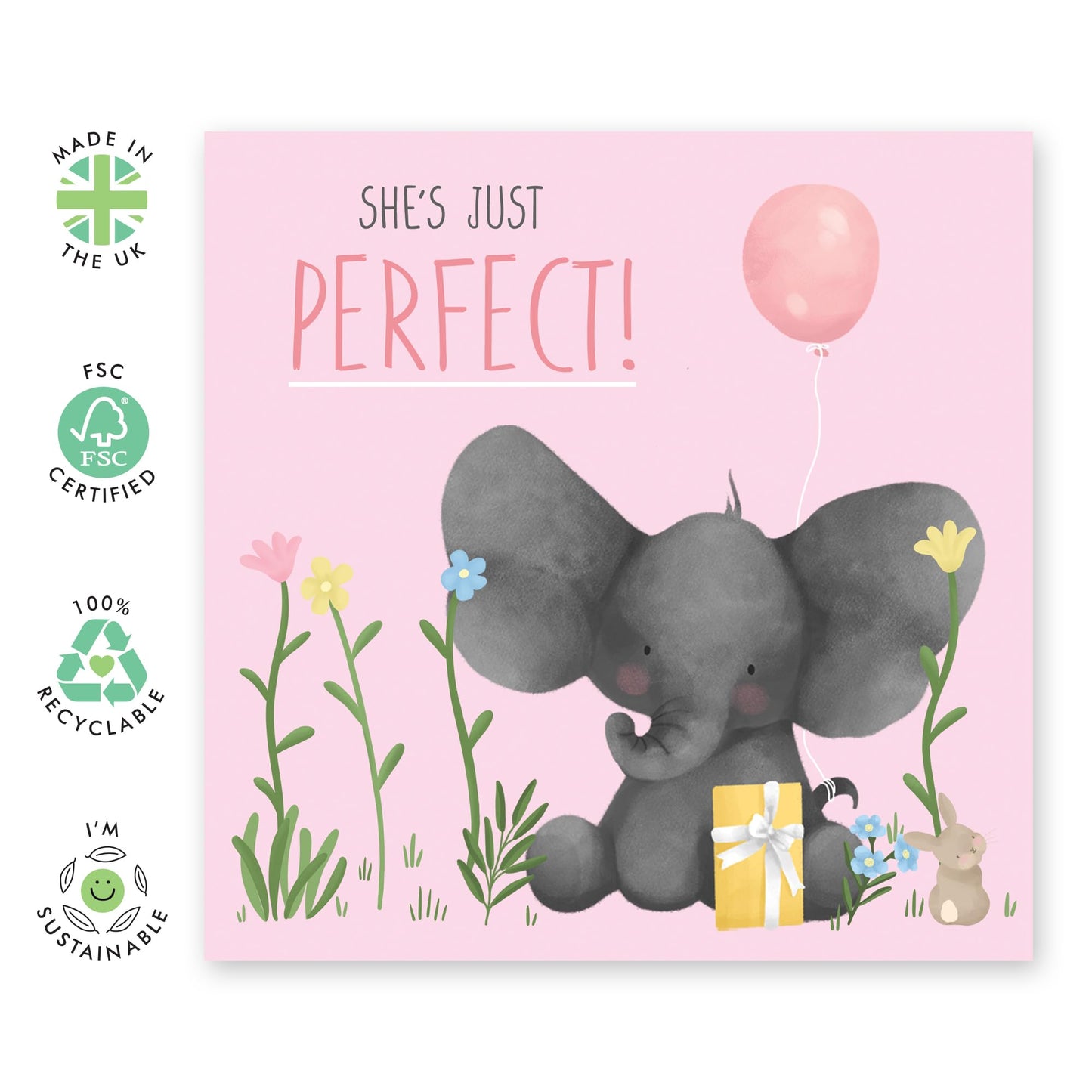 Cute Congratulations Card - 'She's Perfect New Baby' - Gift for Babies, Girls, Daughter, New Born, Family, Birth - Elephant and Balloon- Comes with Fun Stickers