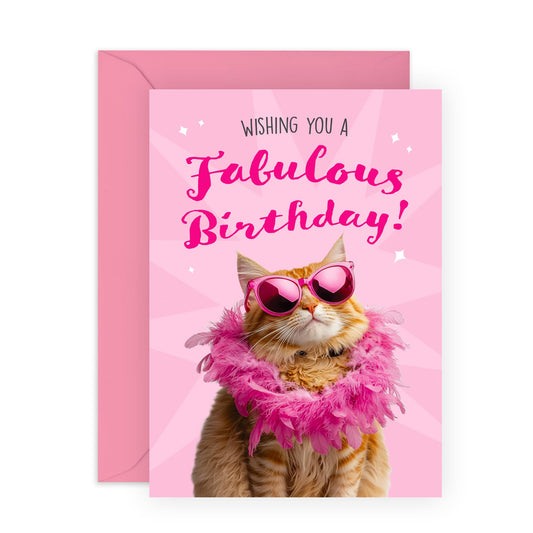 Fab Birthday Card - 'Fabulous Birthday Cat' - Gifts for Bestie, BFF, Best Friend, Girlfriend, Sisters, Siblings, Family, Step Sis, In-Law, Her - Pink Wishes - Comes with Fun Stickers